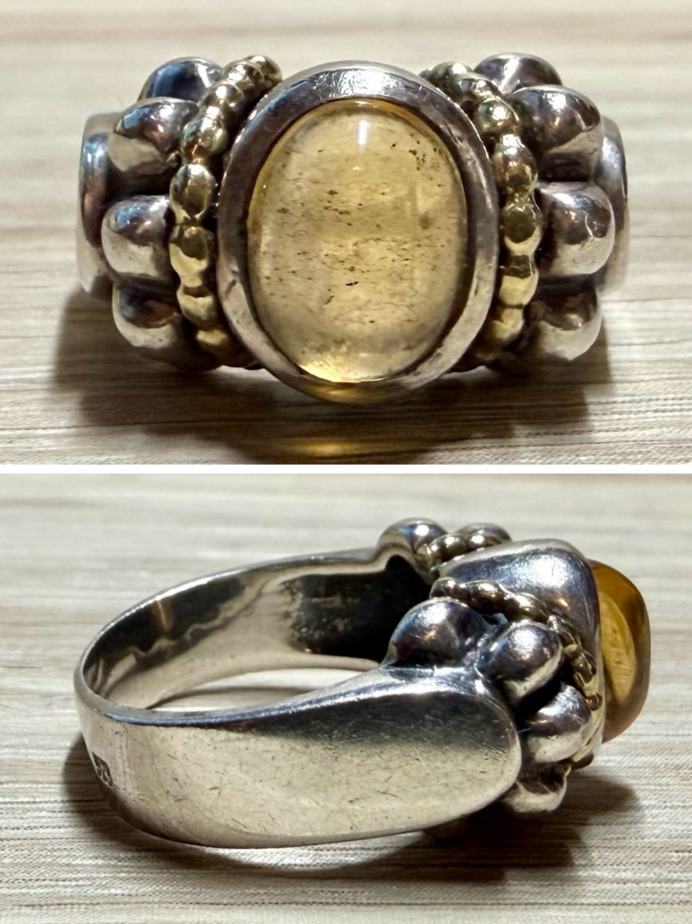 Designer Lagos Caviar Sterling Silver & 18K Gold Citrine Cabochon Ring, Size 6